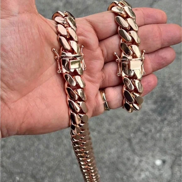 Set Chain & Bracelet 20mm Miami Cuban Link Pink Red Rose Gold Plated Chain